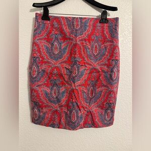 J. Crew Red and Blue Paisley Pencil Skirt